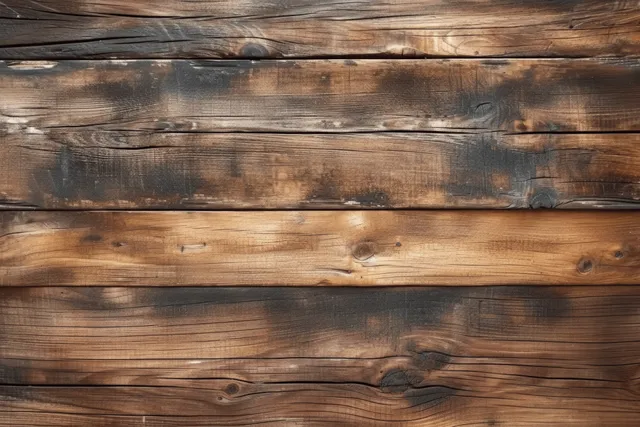 Weathered wooden plank table top texture background with darkened grain and knots