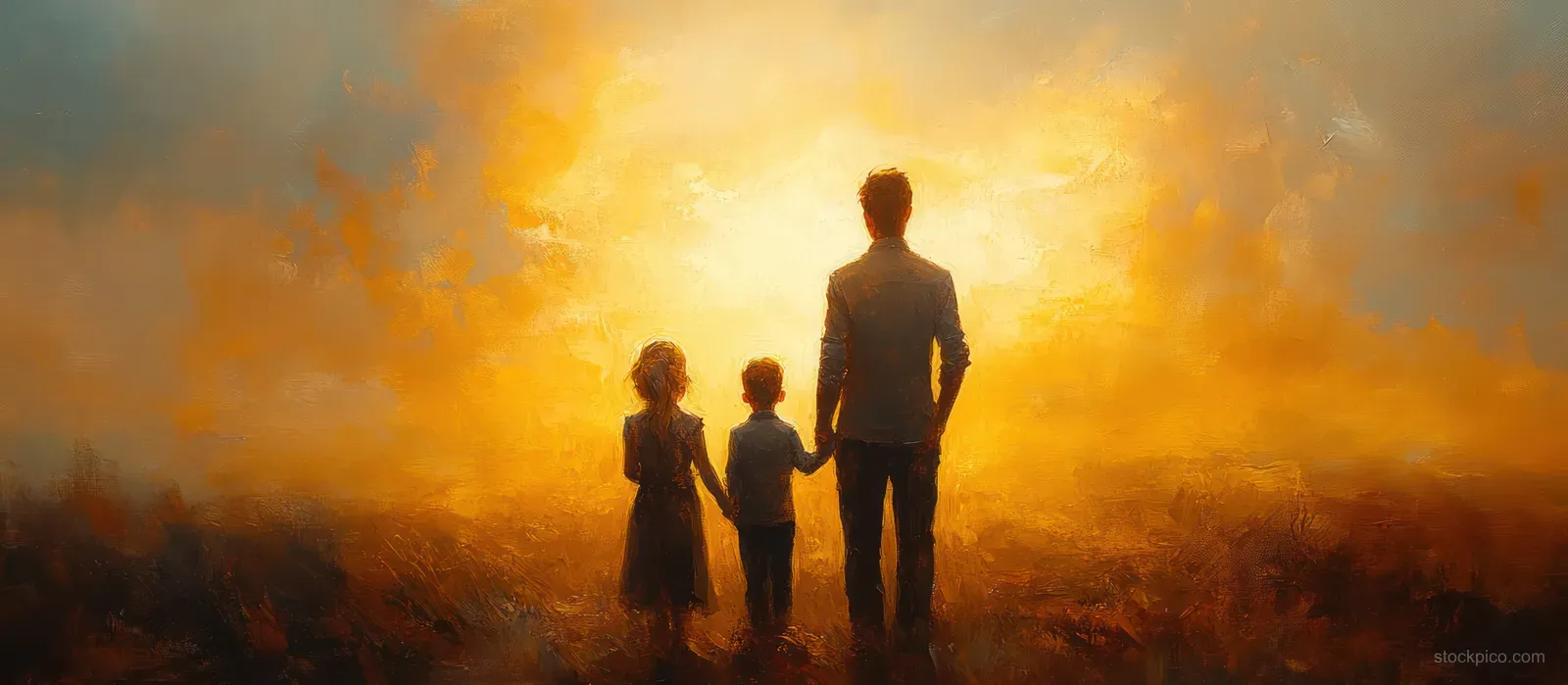 Mary, Joseph, and the infant Jesus stand together in a warm glowing nativity watercolor scene with blessing light.