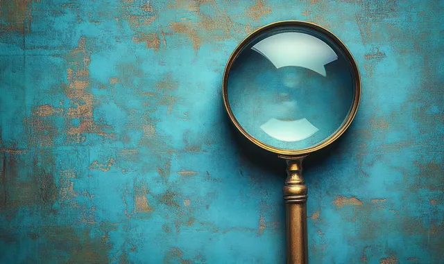 A vintage brass-handled magnifying glass sits on a textured blue surface with visible lens reflections.
