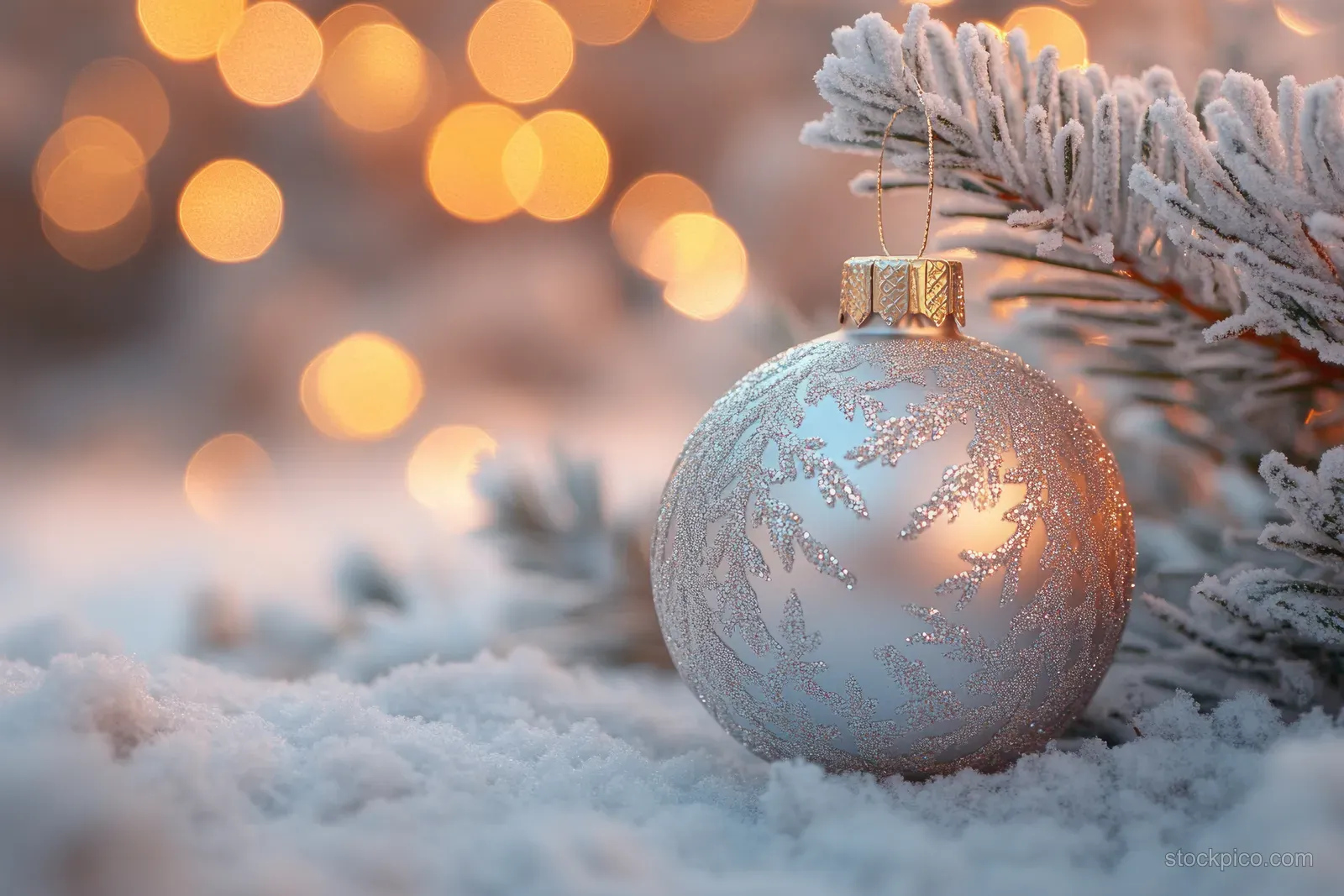 Silver Christmas bauble on snow over pine needles with soft glowing bokeh lights behind.