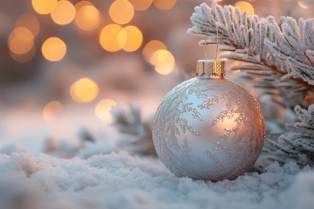 Shimmering silver Christmas bauble resting on snow with pine bokeh lights