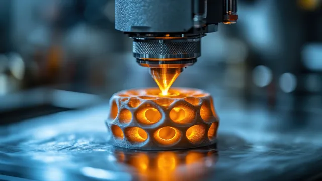 Futuristic laser cutter slicing patterned metal plate in a high-tech workshop