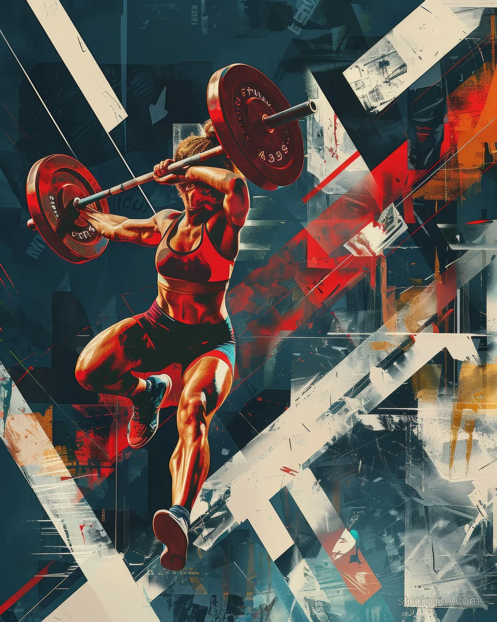 Russian woman weightlifter performs an overhead barbell lift with dynamic motion and painted shard background.