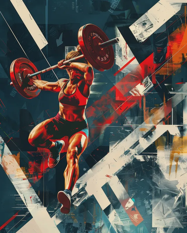 Russian woman weightlifter performs an overhead barbell lift with dynamic motion and painted shard background.