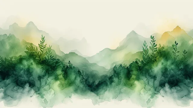 Watercolor verdure landscape wash over misty mountains, layered greens, textured paper