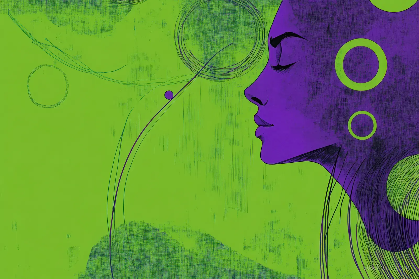 Purple abstract female profile with flowing hair and circular motifs on a textured green background.