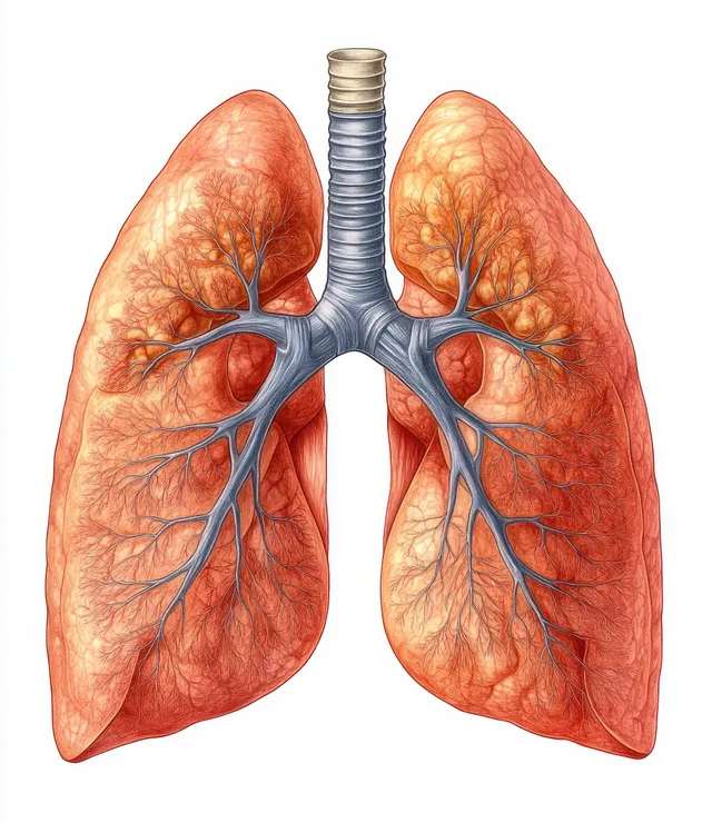 An anatomical illustration of human lungs with bronchi and visible vessels on a white background.