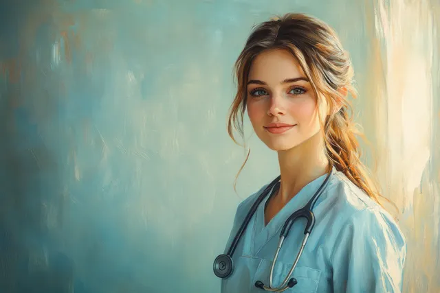 Smiling nurse holding stethoscope and making a phone call against soft pink background