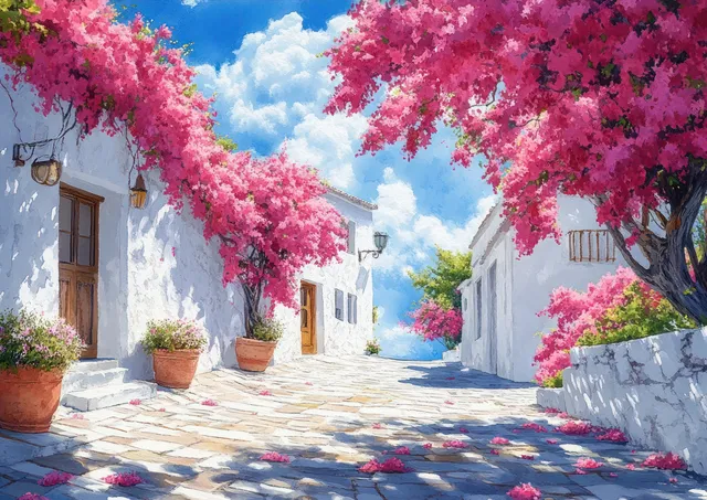 Watercolor illustration of a cobblestone village street lined with white houses and pink bougainvillea trees.