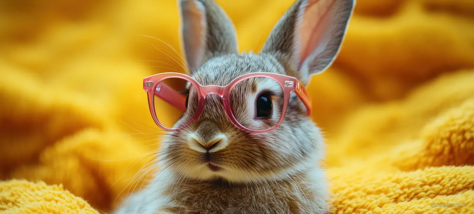 Easter bunny with pink sunglasses resting on a bright yellow textured background.