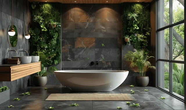 Dark modern bathroom with a central soaking tub, stone tiles, industrial lights, and potted plants by large windows.