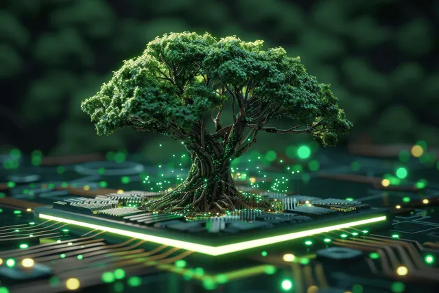 A green tree grows from a glowing computer chip, with circuit-like light roots spreading across a dark digital landscape.