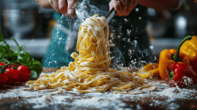 A chef lifts handmade spaghetti strands from a flour-dusted table with vegetables surrounding the workspace.