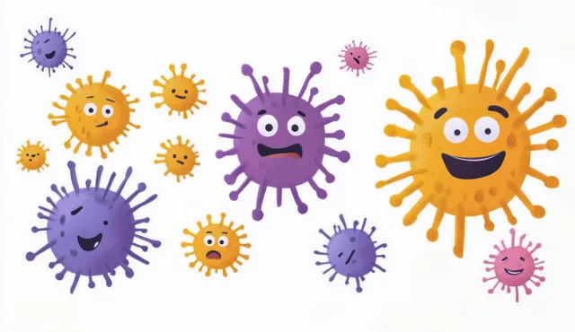 Cartoon viruses with smiling faces float on a white background in yellow and purple colors.