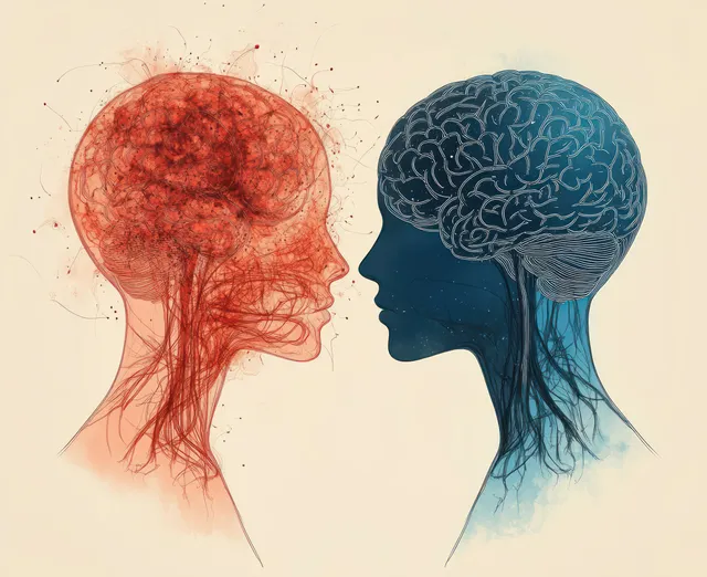 Two facing human profiles in red and blue with brain-like linework.