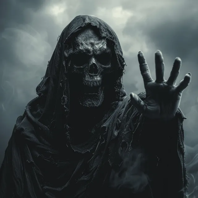 Cloaked grim reaper with a hooded skull face reaches forward in fog under a dark sky.