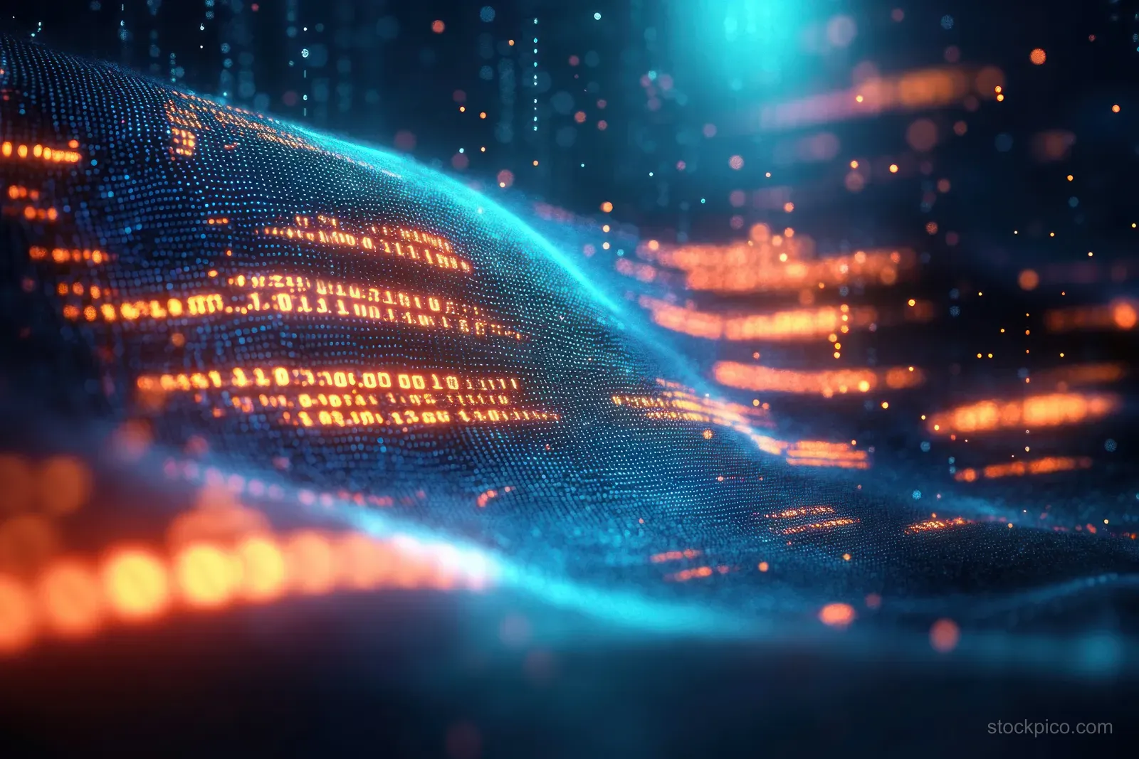 A vibrant cyberpunk landscape showcases flowing code and neon data streams amidst abstract digital patterns.