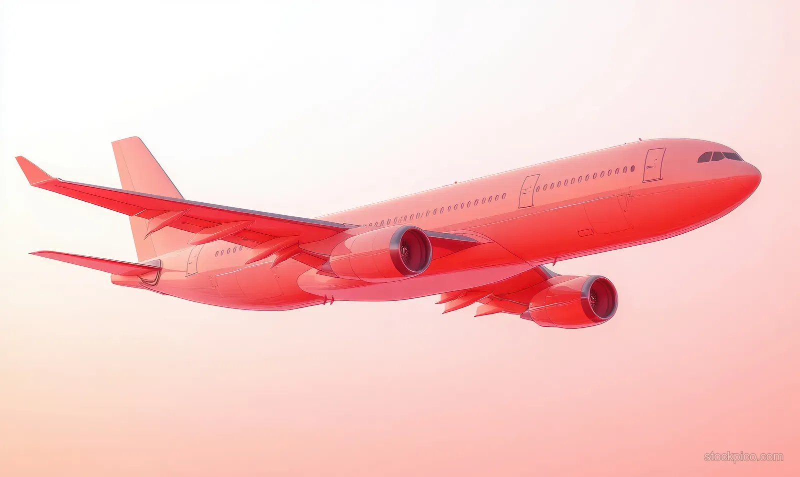 Large commercial jet airplane flying across a cloudless pink-orange sunrise sky.