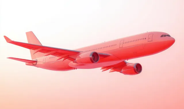 Large commercial jet airplane flying across a cloudless pink-orange sunrise sky.