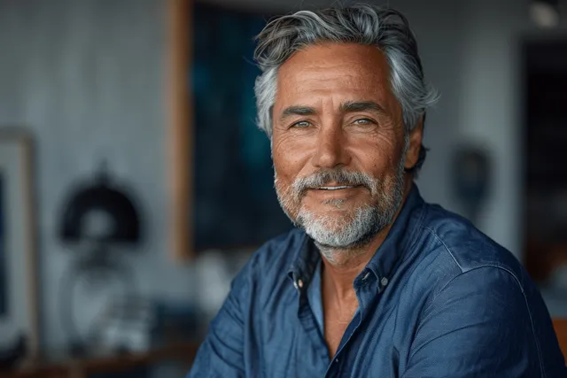 A smiling gray-haired executive in a blue shirt stands in an office for a close headshot.