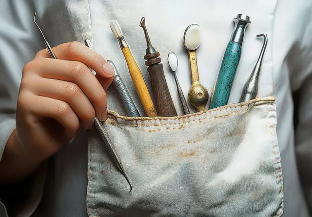 Dentist hand holds a metal dental tool as other instruments sit inside a stained lab-coat pocket.