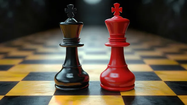 Black and red chess pieces face each other on a checkered chessboard with blurred background lights.