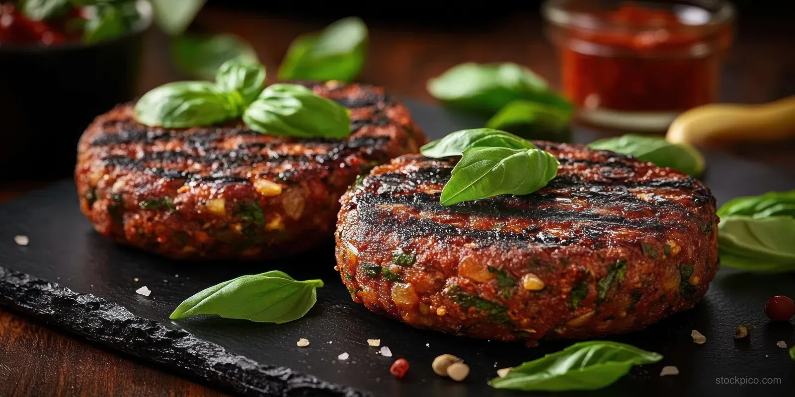 Two grilled vegan veggie patties sit on a slate plate with fresh basil leaves and herb seasoning.
