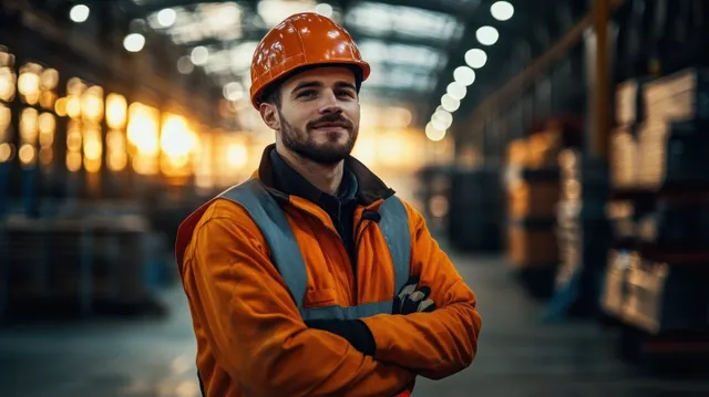 A confident construction supervisor in a hard hat and safety gear stands in a dramatic-lit industrial warehouse.