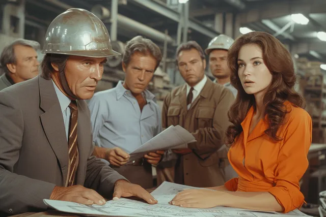Industrial manager and coworkers review blueprints at a table inside a warehouse office, with safety helmets visible.
