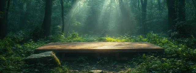 Wooden stage in sunlit forest clearing with floating golden light rays and mossy textures