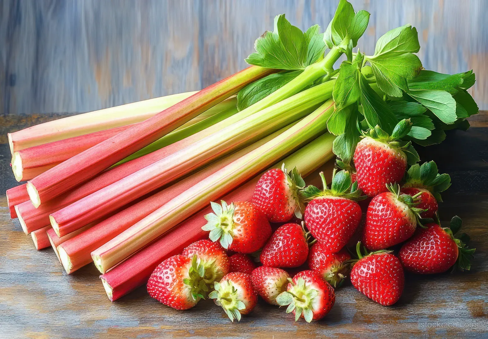 Strawberries and rhubarb stalks with leafy greens arranged on a rustic wooden table in soft daylight.
