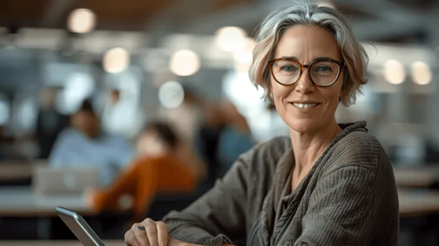 A middle-aged business woman smiles while holding a tablet in a quiet office with blurred people behind her.