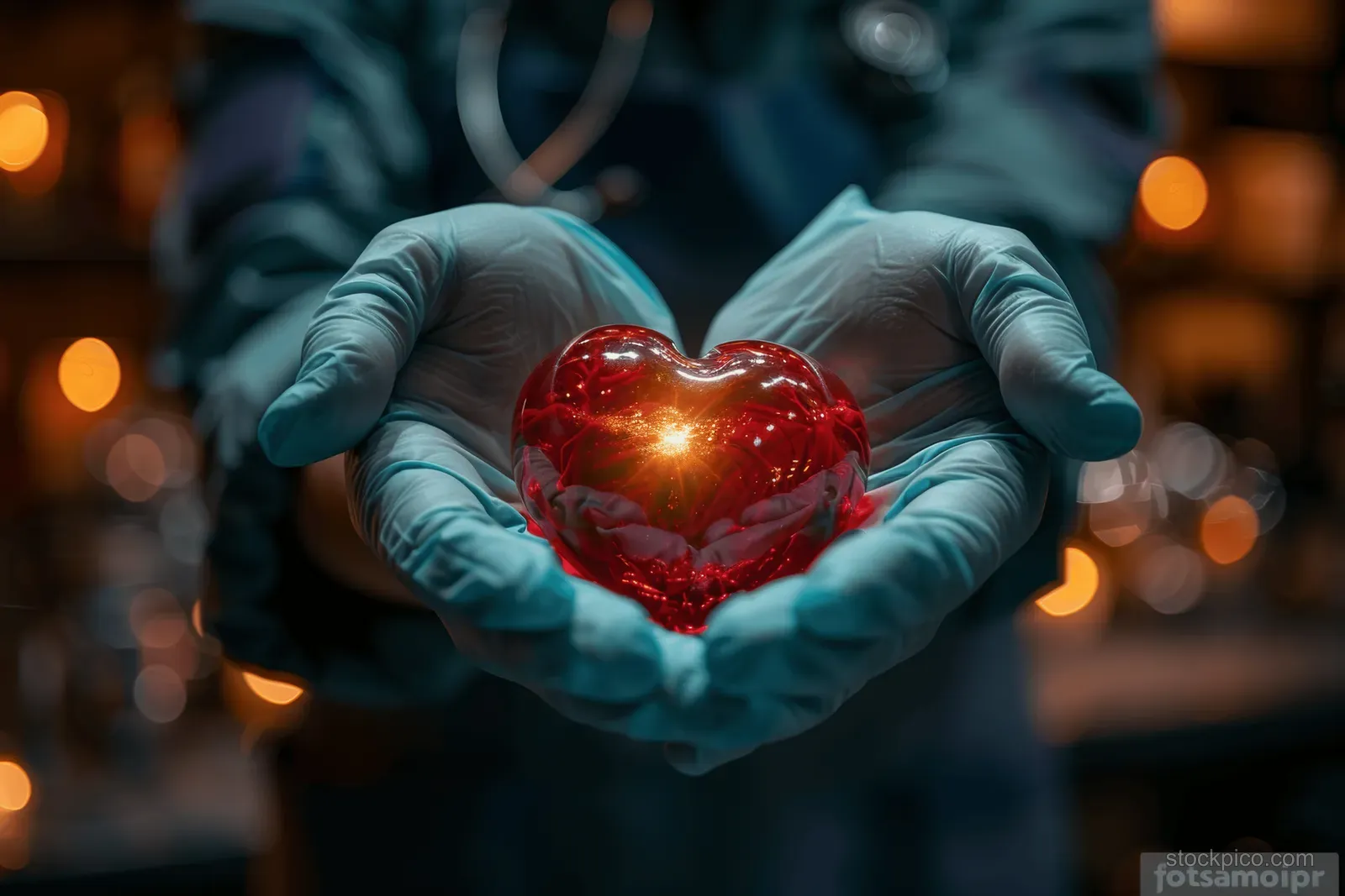 Gloved hands cradle a glowing red heart with bright light at its center against blurred clinic lights.