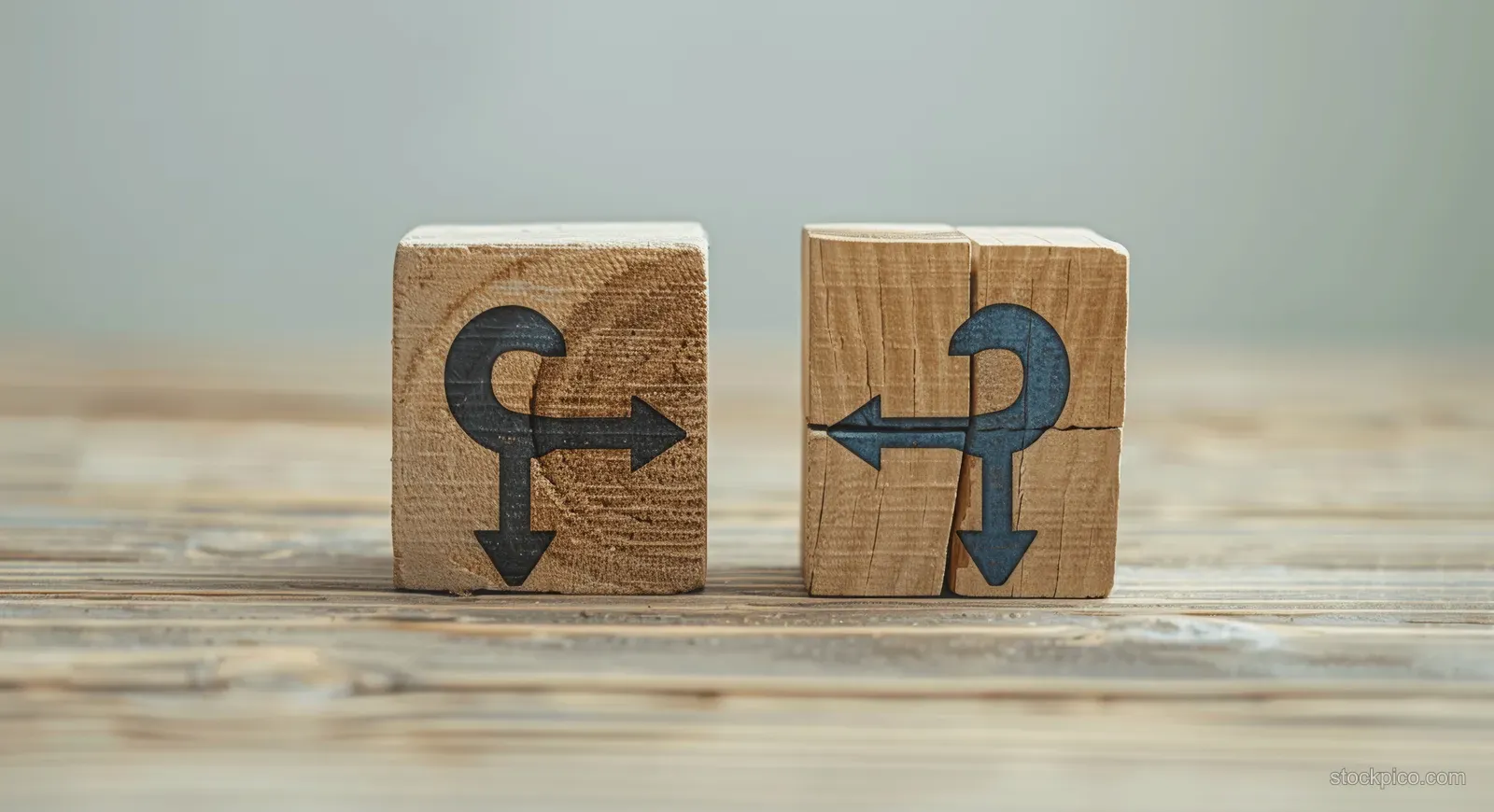 Two wooden blocks with arrows facing each other on a desk, indicating a feedback loop.