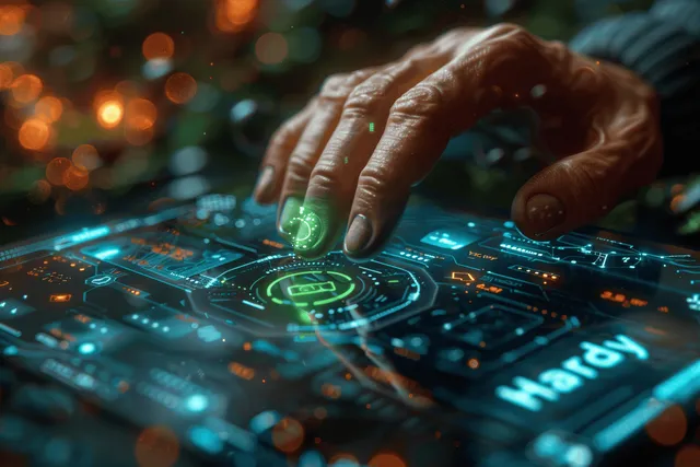 Hand tapping a glowing virtual screen with green check mark over web design controls