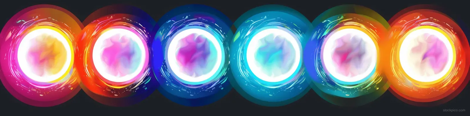 Row of neon rainbow circular frames glowing with smooth gradient colors on a dark background.