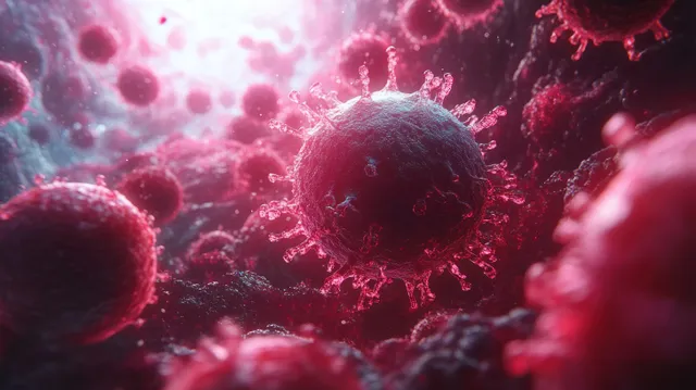 Macrophage cells surrounded by glowing viral particles and cytokine signals in an inflamed bloodstream background.