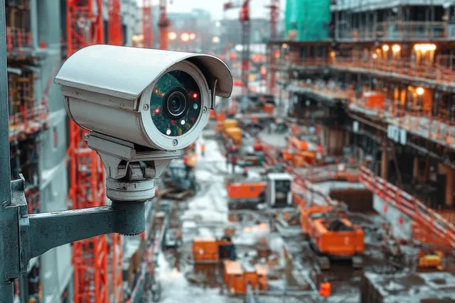 CCTV security camera monitoring a busy construction site with workers and industrial equipment