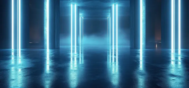 A futuristic corridor glows with blue neon lines reflected on a dark, reflective concrete floor.