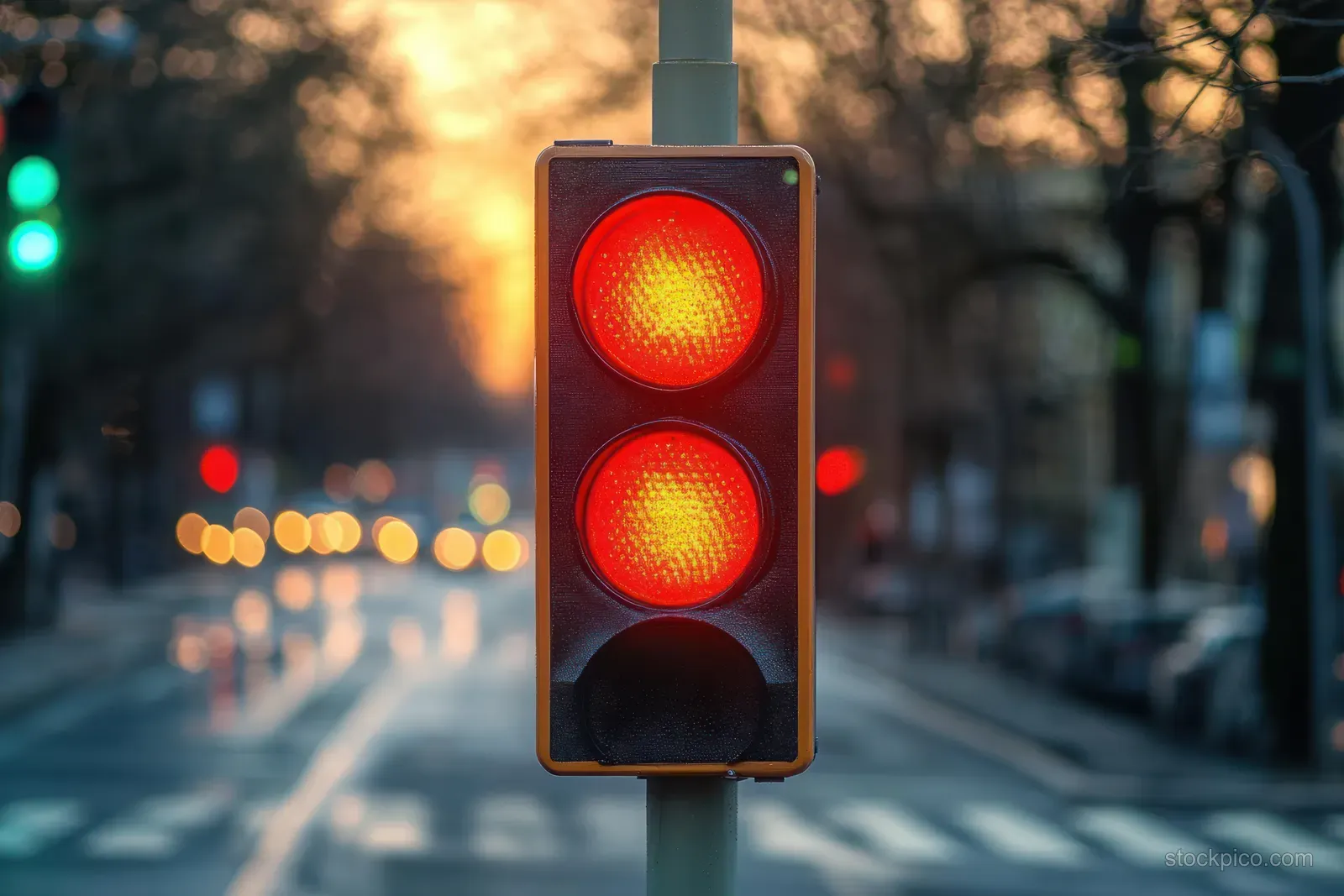 Close-up traffic light displays two bright red signals above a city street at sunset.