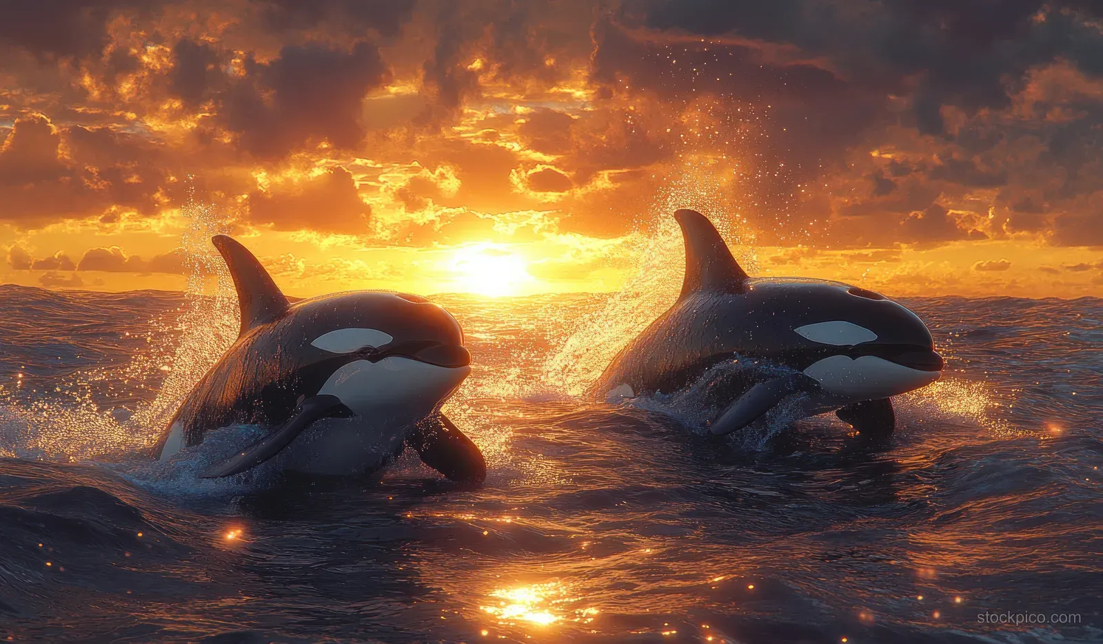 Two orcas swim in ocean water at dusk, with sunset reflections glittering on the fjord surface.