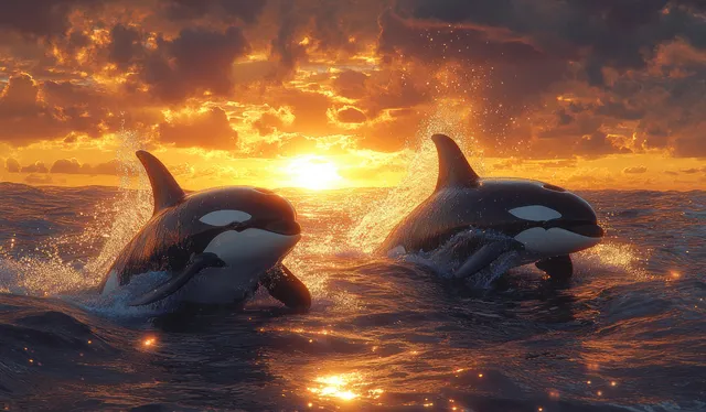Two orcas swim in ocean water at dusk, with sunset reflections glittering on the fjord surface.