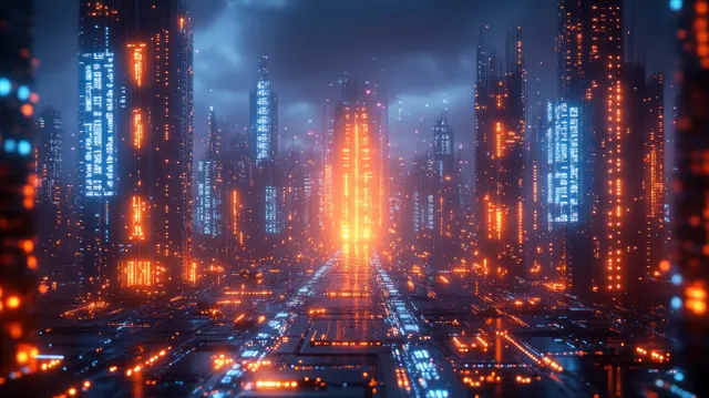 A cyberpunk city skyline with glowing orange and blue neon skyscrapers at night.