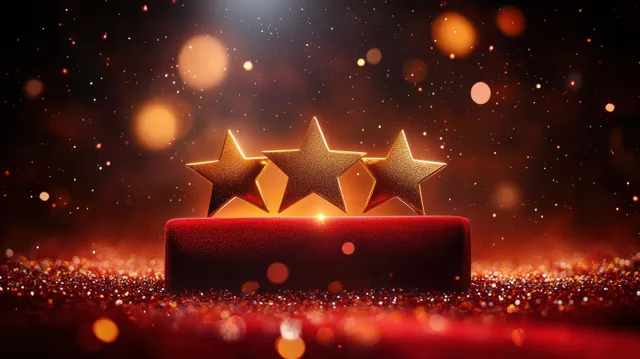 Red velvet award podium with three glowing gold stars against a dark background of sparkling bokeh lights.