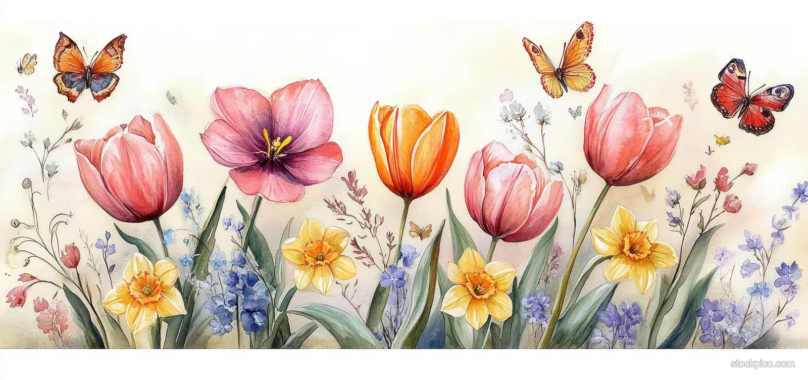 Watercolor flowers with pink tulips, yellow daffodils, wildflowers, and orange butterflies fluttering above a light background.