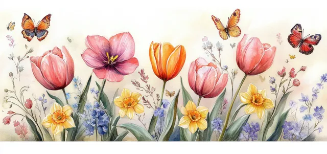 Watercolor flowers with pink tulips, yellow daffodils, wildflowers, and orange butterflies fluttering above a light background.