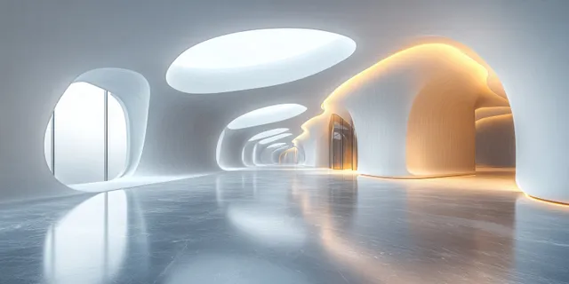 Minimalist white interior hallway with curved arches and soft warm light over a reflective floor.