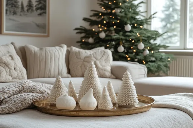 Cone-shaped white holiday ornaments sit on a tray on a couch as a lit Christmas tree glows in the background.