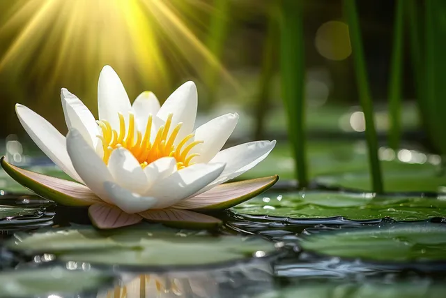 White water lily with yellow center blooming above dark pond water and lily pads