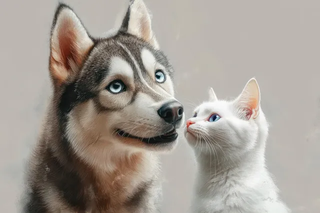A husky and a white cat with blue eyes look at each other closely in an indoor close-up.